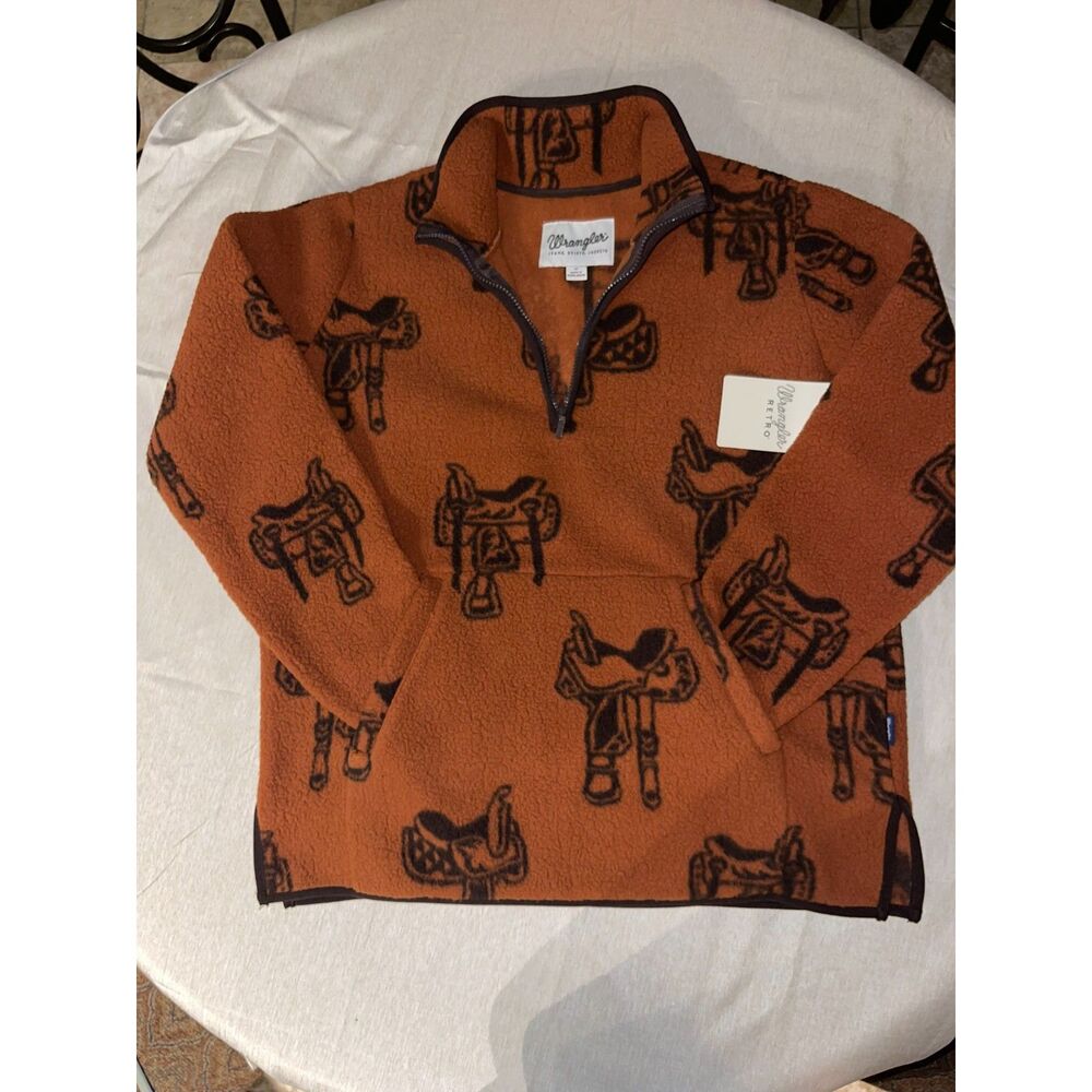 NWT Wrangler Retro Saddle Print Fleece Pullover Rust Brown Half Zip Medium